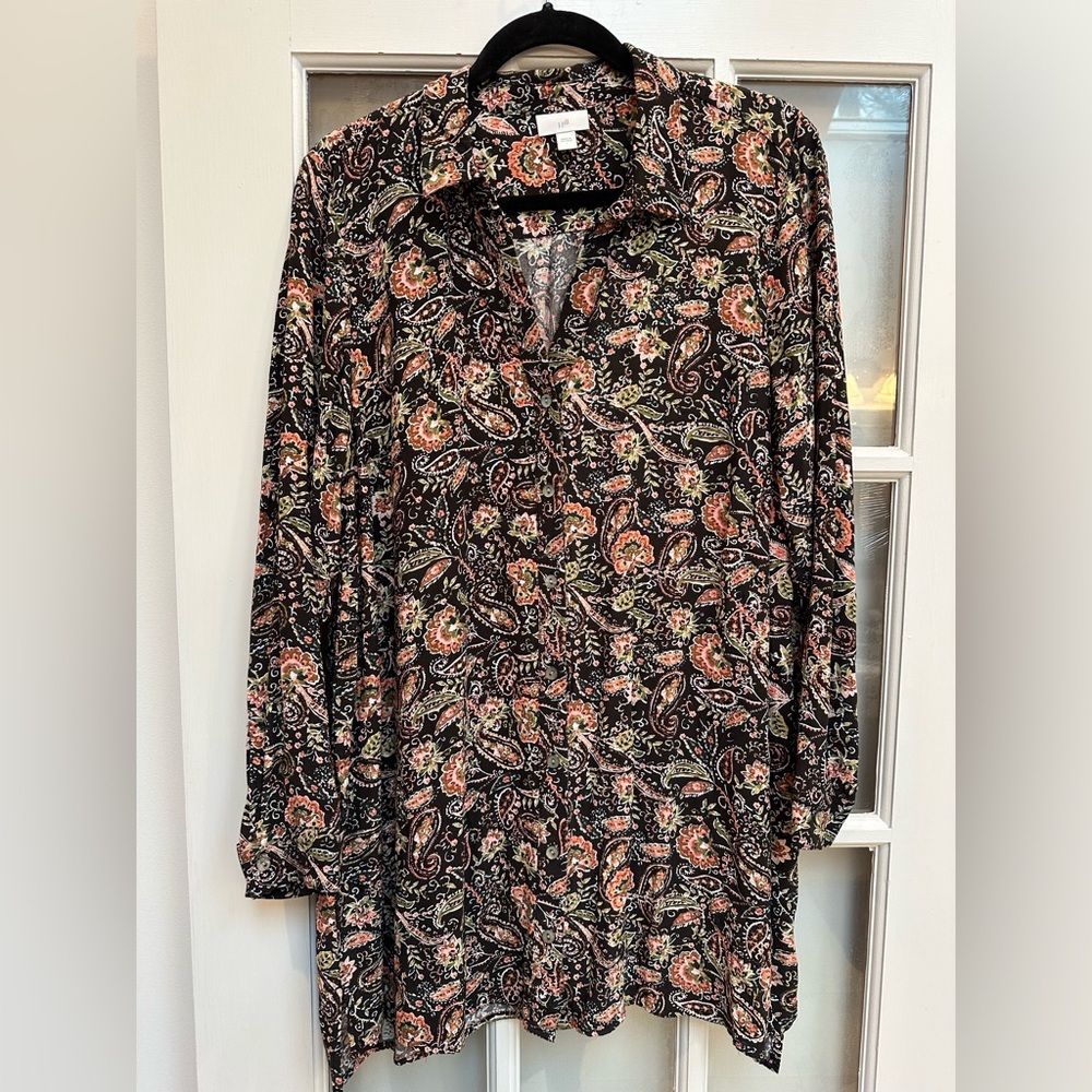 J. Jill Brown Chic Paisley Floral Bohemian Button Down Shirt Blouse Size Large L